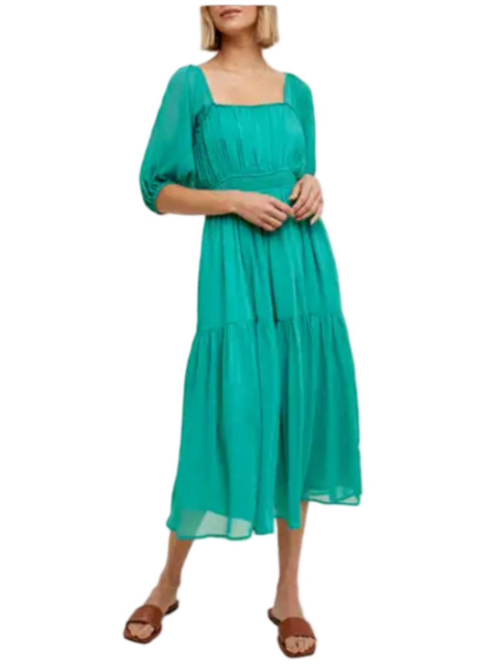 Emerald Green Boho Maxi Dress Puff Sleeve Smocked Waist Size S